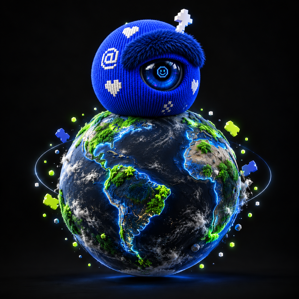 Mascote azul da Live Tiks sentado sobre um planeta Terra com continentes azuis e verde neon