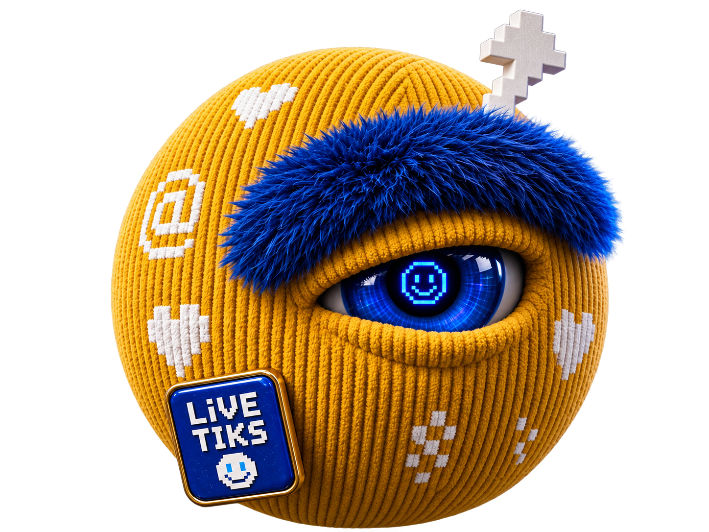Mascote amarelo da Live Tiks, com textura de tricô, sobrancelha azul felpuda e um sorriso pixelado no olho digital