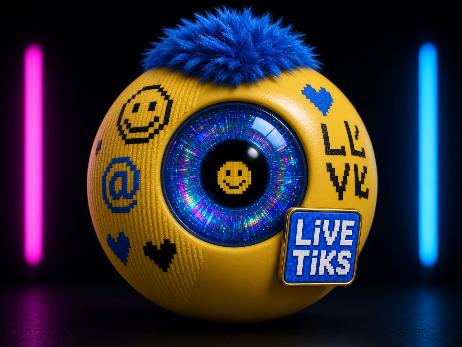 Versão amarela do mascote Live Tiks com um grande olho azul, entre luzes neon